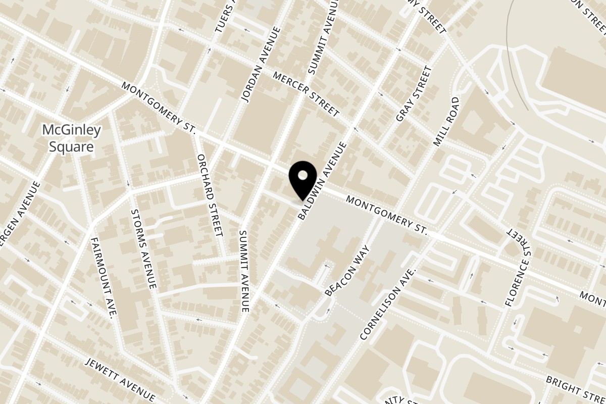 Map showing the location of One World Pizza on 49 Baldwin Ave in Jersey City